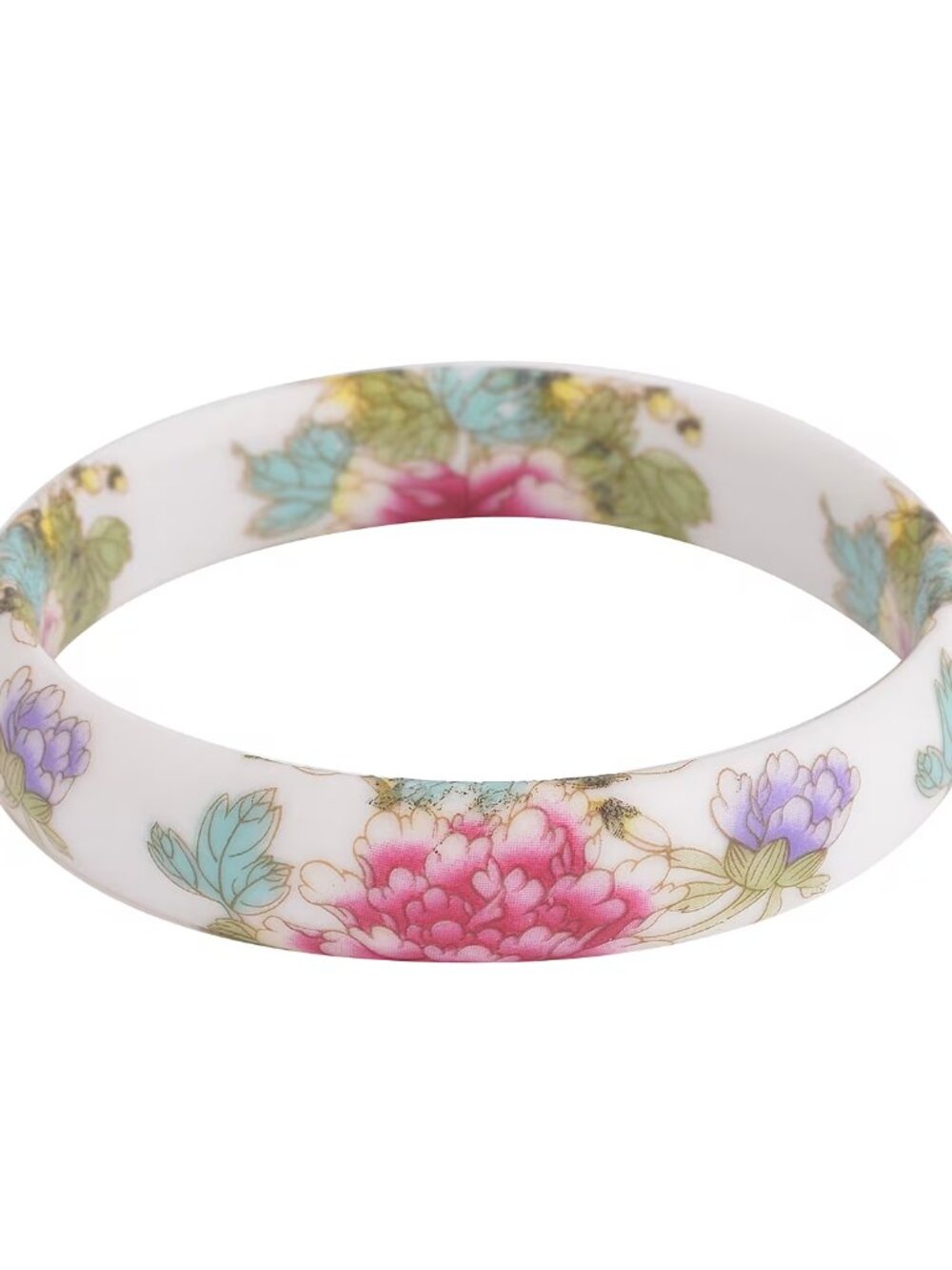 Purple Ceramic Bangle Bracelet, Peony Pattern - New - Fits up to 8.50